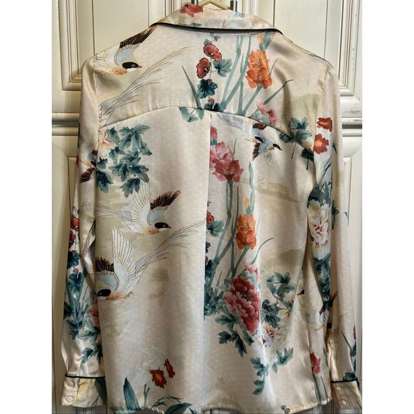 Zara Women's Oriental Japanese Garden Floral Print Satin Shirt Multicolor Small - Picture 14 of 15